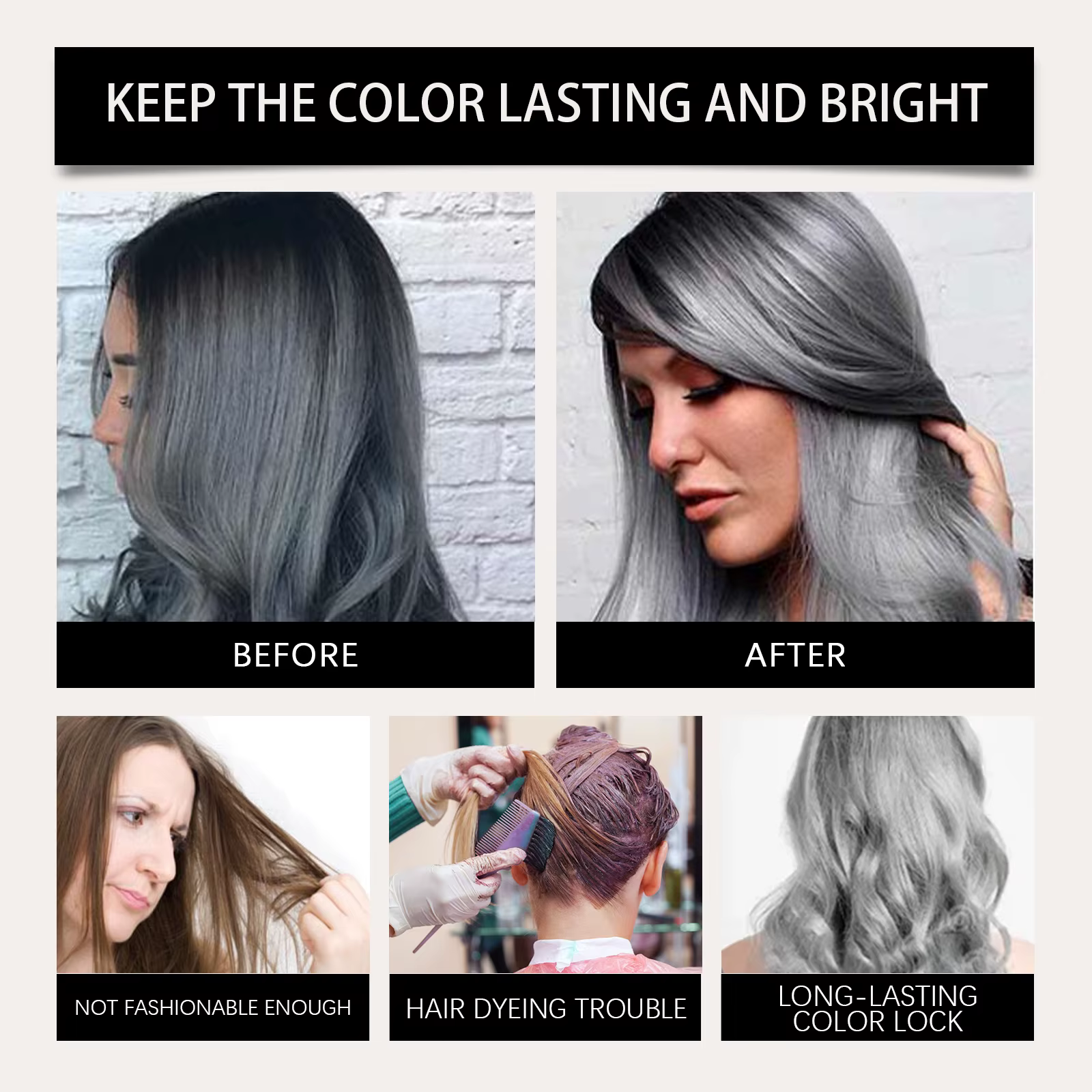 Spray de coloration temporaire gris argenté pour couvrir les cheveux