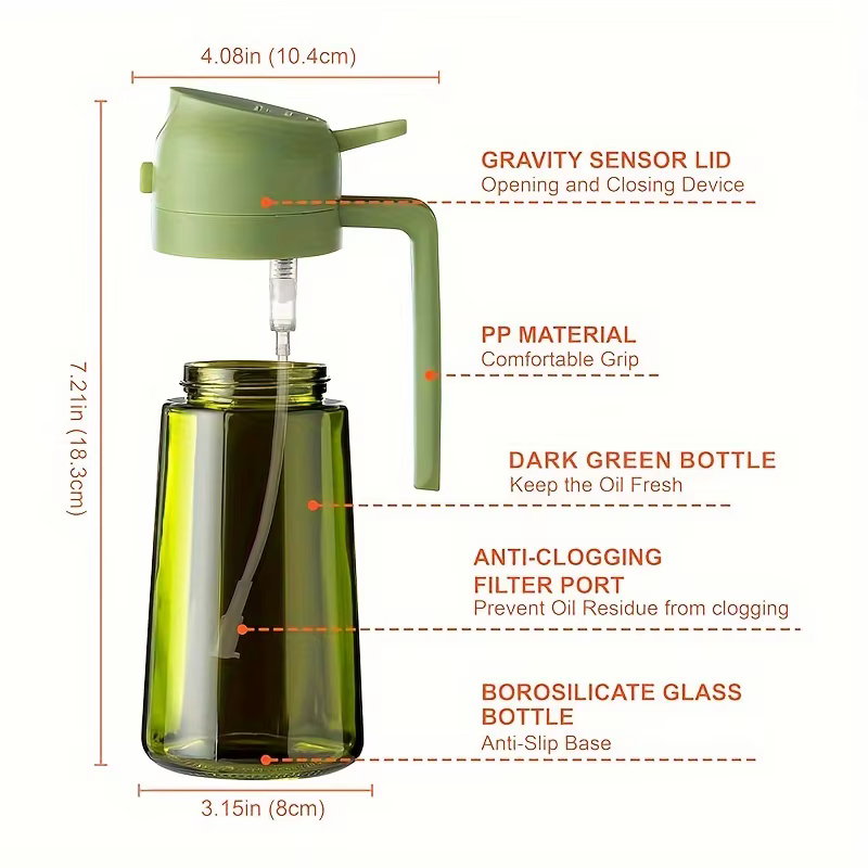 Bouteille d'injection d'huile, bouteille d'huile d'olive de cuisine de 16 onces, distributeur d'huile d'olive deux en un et pulvérisation d'huile, fournitures de cuisine