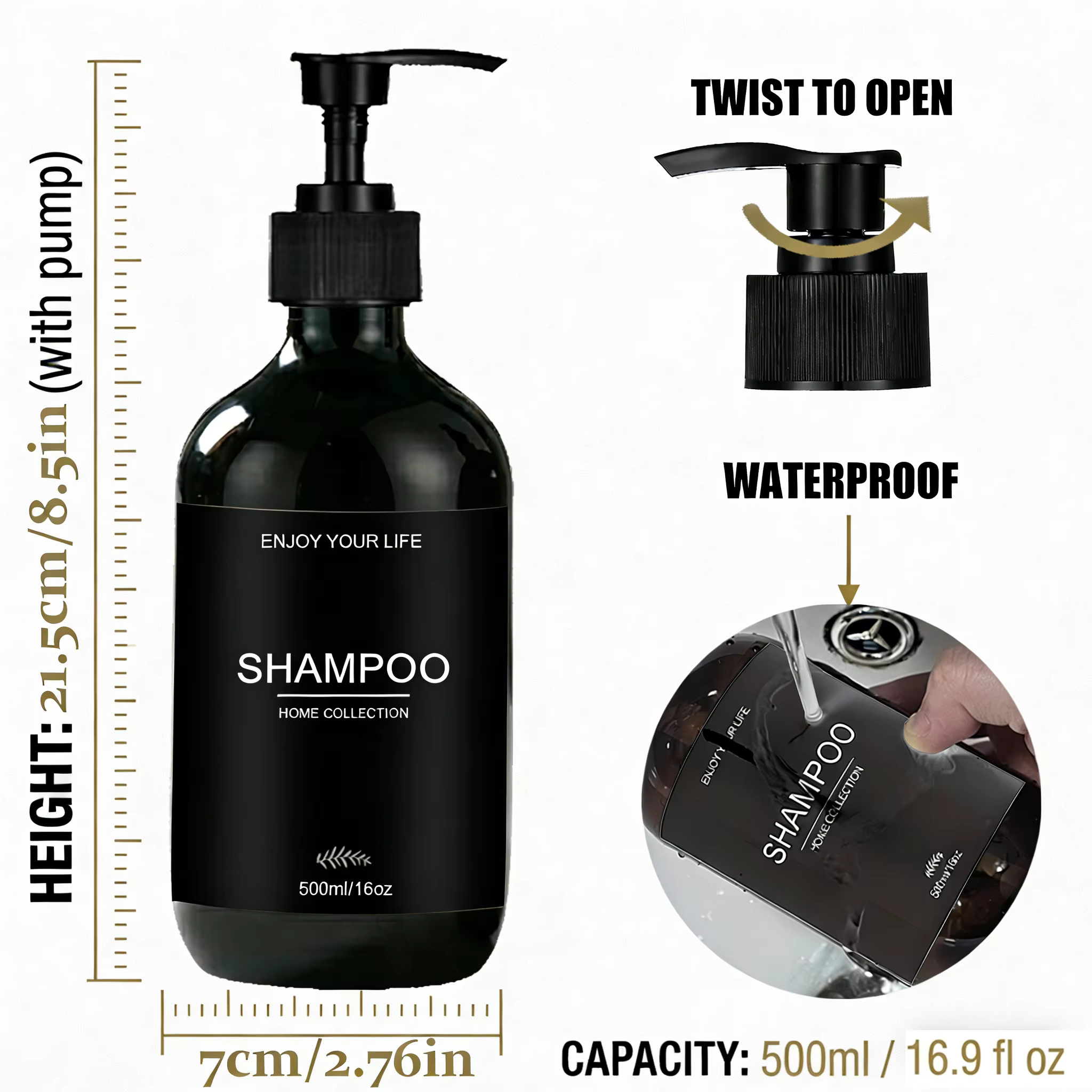 Ensemble de distributeurs de savon pour douche, noir brillant, rechargeables, pour shampoing, après-shampoing et gel douche, avec étiquettes imperméables, pour salle de bain