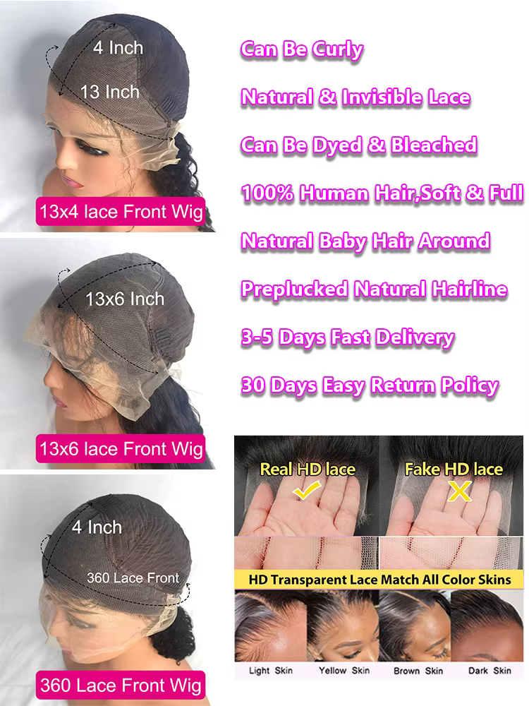 Perruques en cheveux humains ondulés de 30 à 40 pouces