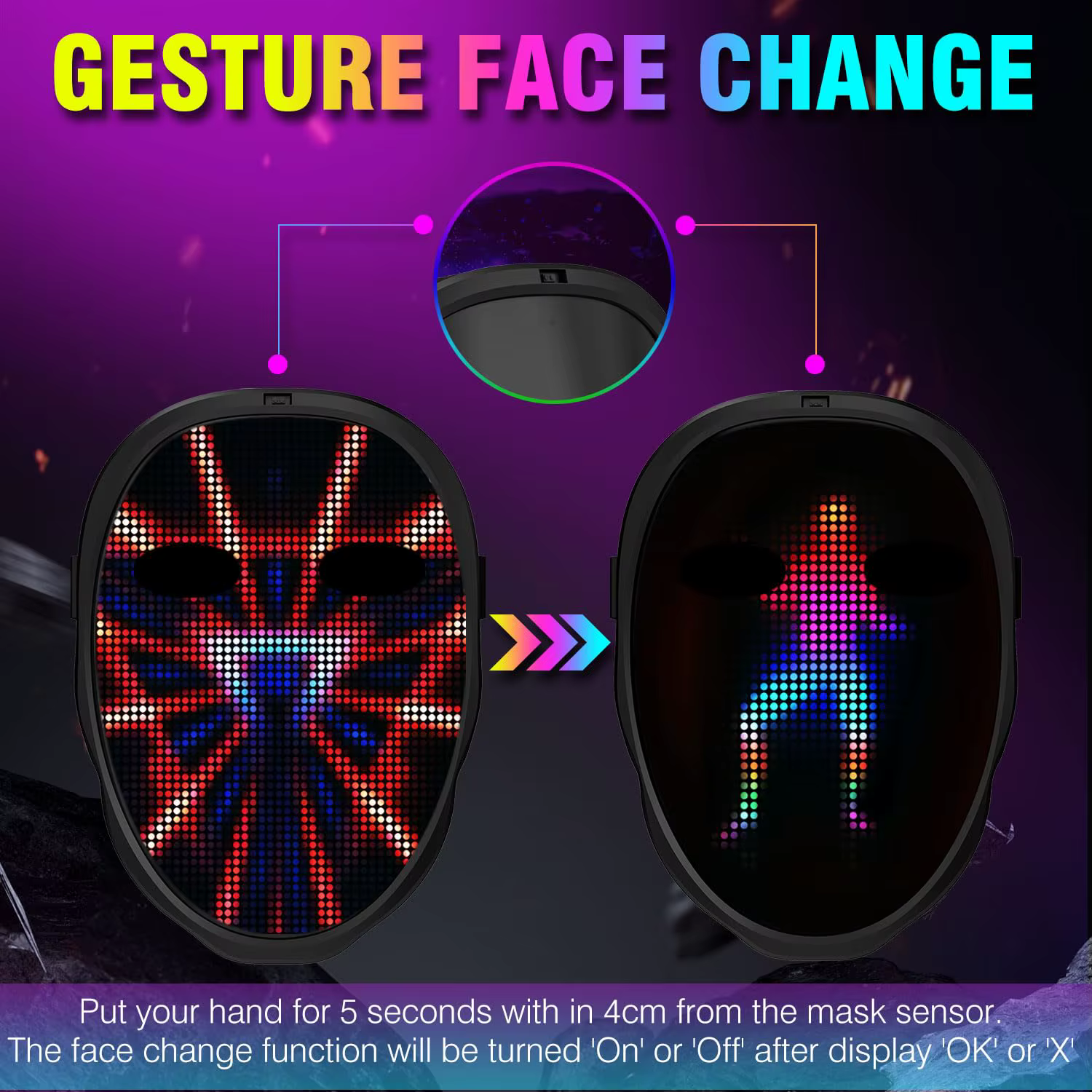 Masque lumineux LED de fête, détection de gestes, affichage intelligent, masques faciaux LED, Programmable, contrôle par application Bluetooth, masque de transformation