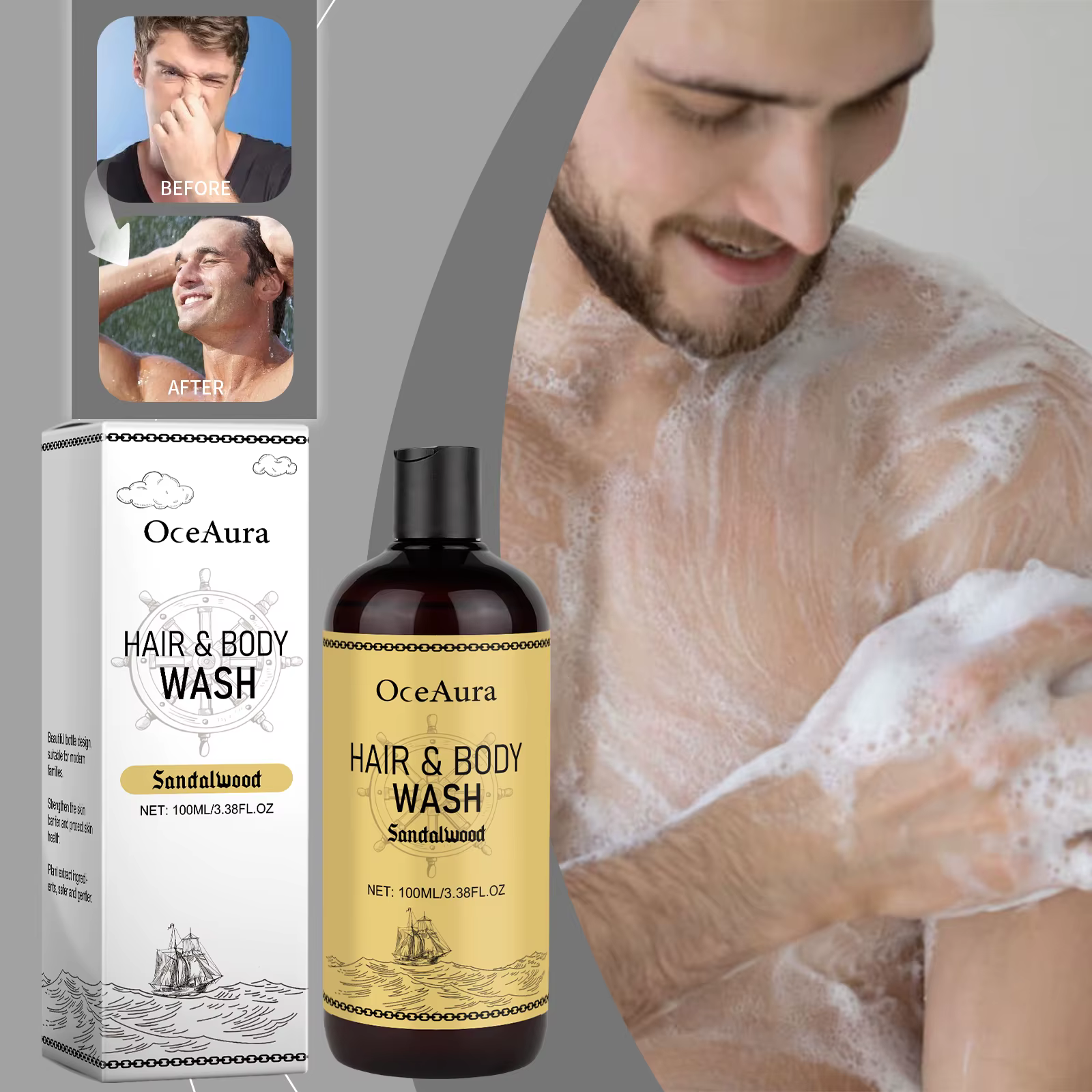 Shampoing et nettoyant pour le corps 2 en 1 pour homme