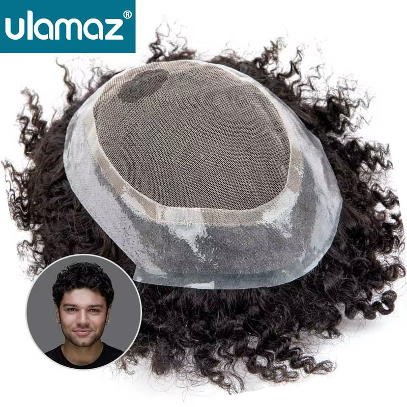 Prothèse capillaire homme bouclée en cheveux naturels