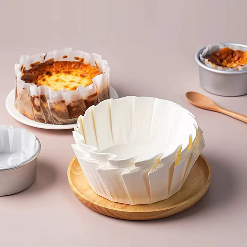 Moule en papier pliable pour gâteau au fromage basque, papier de cuisson, huile de cuisson, bord vert, mousse, libération de poulet