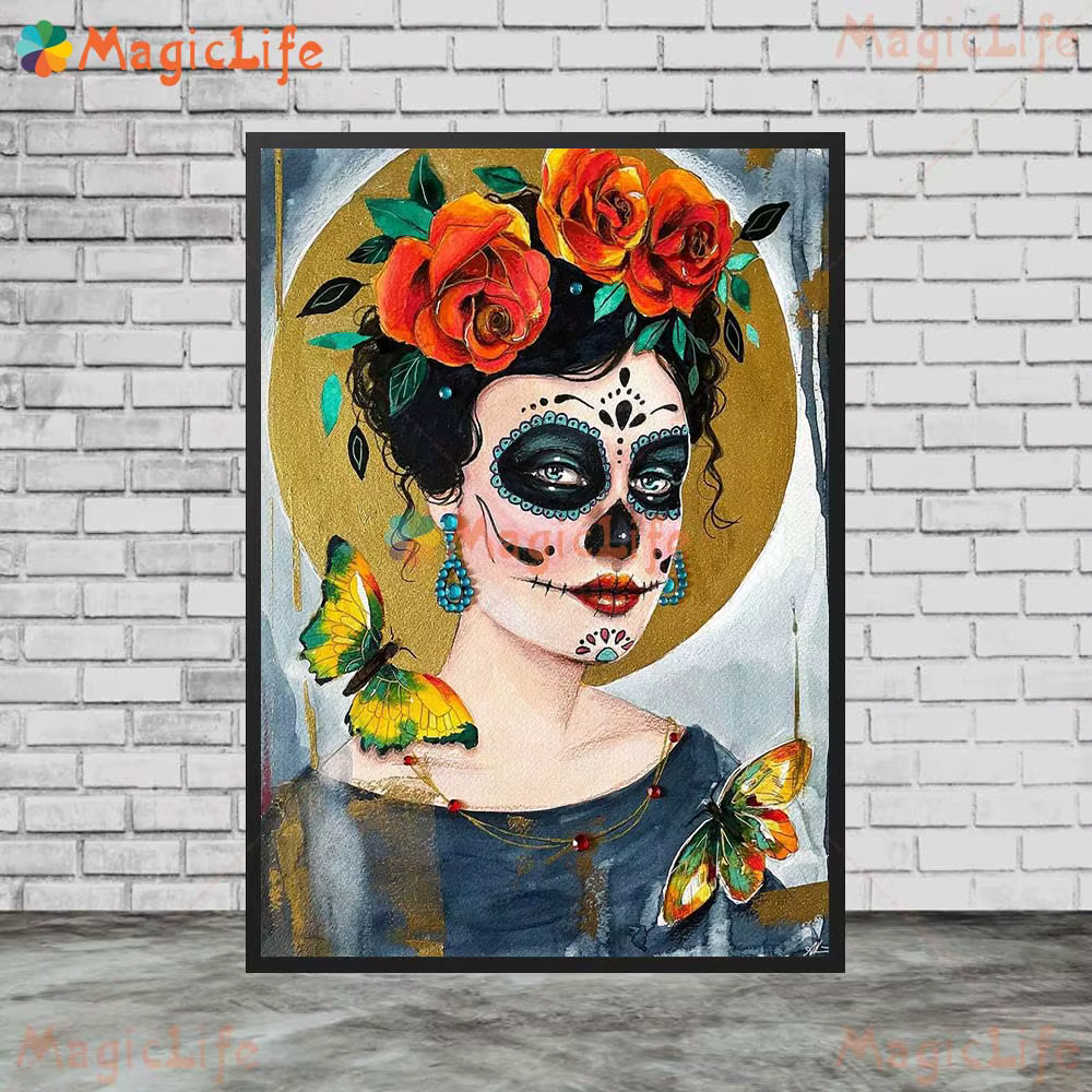 Portrait du jour des morts du mexique des femmes, images murales de fille Grimace pour affiche de salon, peinture sur toile d'art mural sans cadre