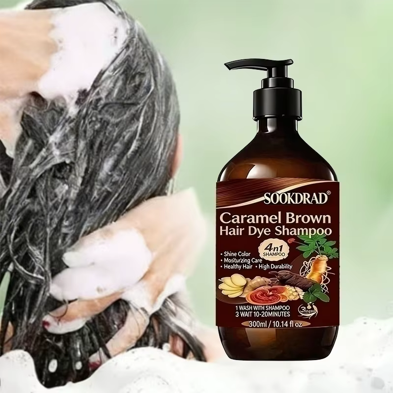 Shampoo colorant brun caramel, 4-en-1 nourrissant, coloration rapide, pour tous types de cheveux