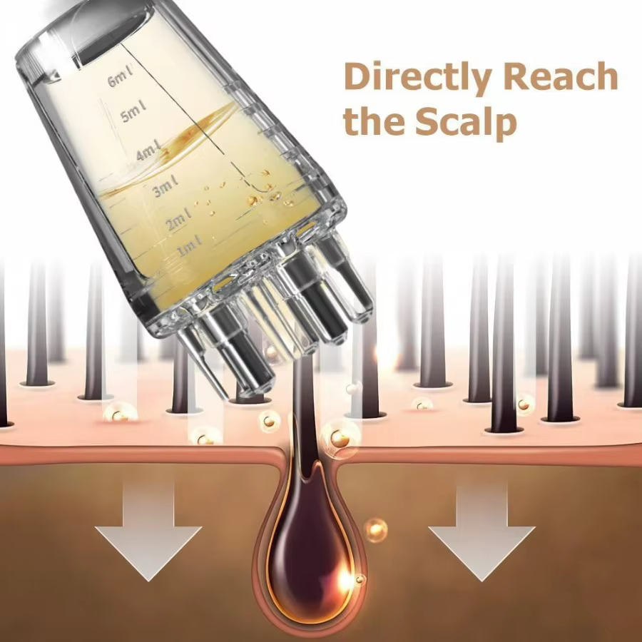 Flacon applicateur d'huile capillaire – Peigne de massage du cuir chevelu pour huiles essentielles et sérums, favorise la croissance des cheveux, outil relaxant pour le soin de la tête, 6 ml