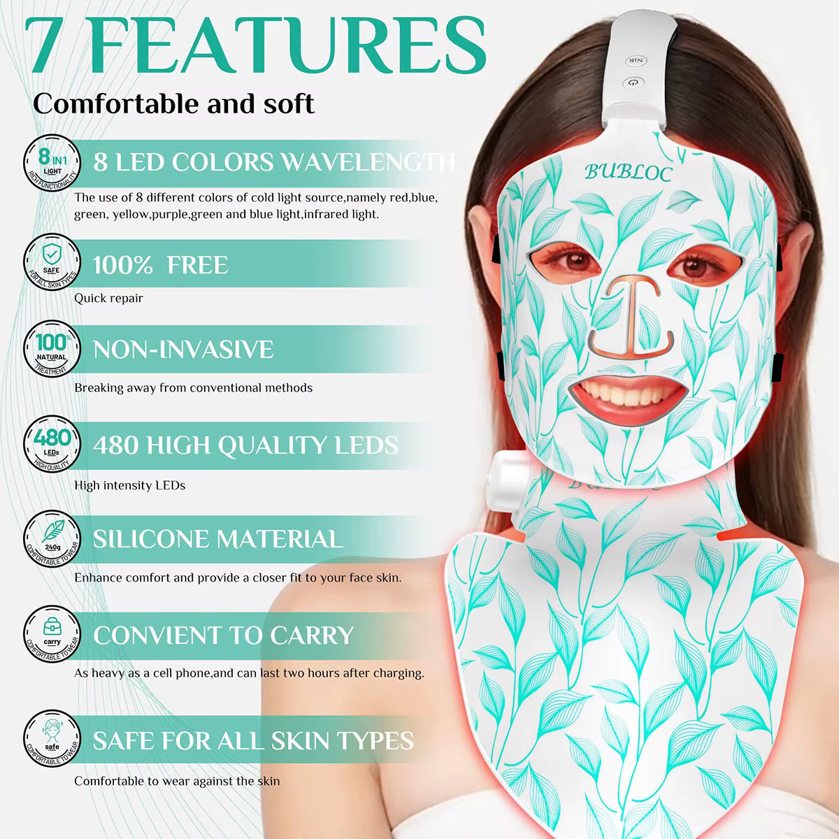 Masque facial LED 8 couleurs portable en silicone LED lumière rouge thérapie proche infrarouge pour anti-âge, rides, rajeunissement de la peau usage domestique