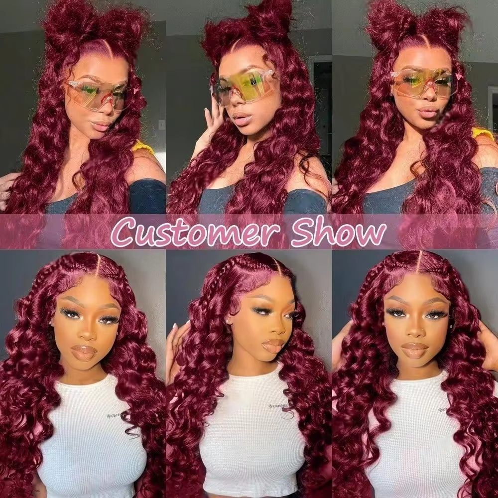 250% 13x4 HD Transparent vague profonde frontale perruque couleur 99j bordeaux profond bouclés dentelle avant perruques