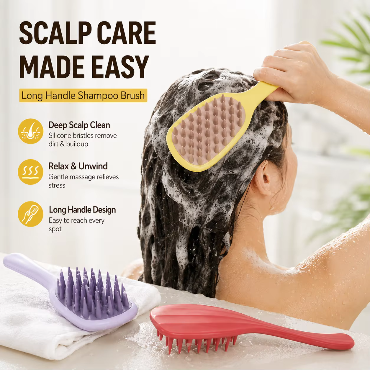 Brosse à shampooing en silicone en forme de feuille de Ginkgo avec long manche, peigne massant le cuir chevelu pour le lavage des cheveux