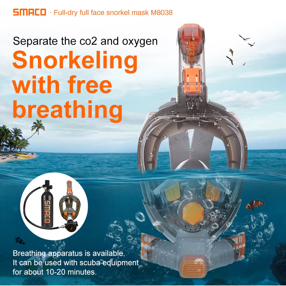 SMACO-Masque de plongée sous-marine intégral pour adulte, lunettes anti-buée, large vue sous-marine, tuba pliable et transparent, masque de natation