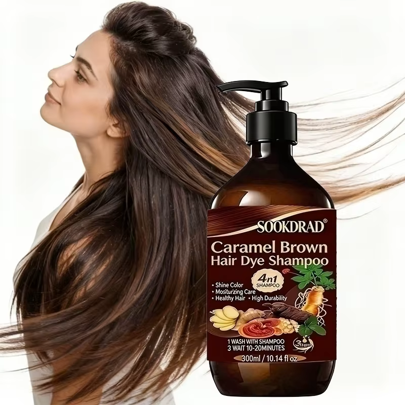 Shampoo colorant brun caramel, 4-en-1 nourrissant, coloration rapide, pour tous types de cheveux