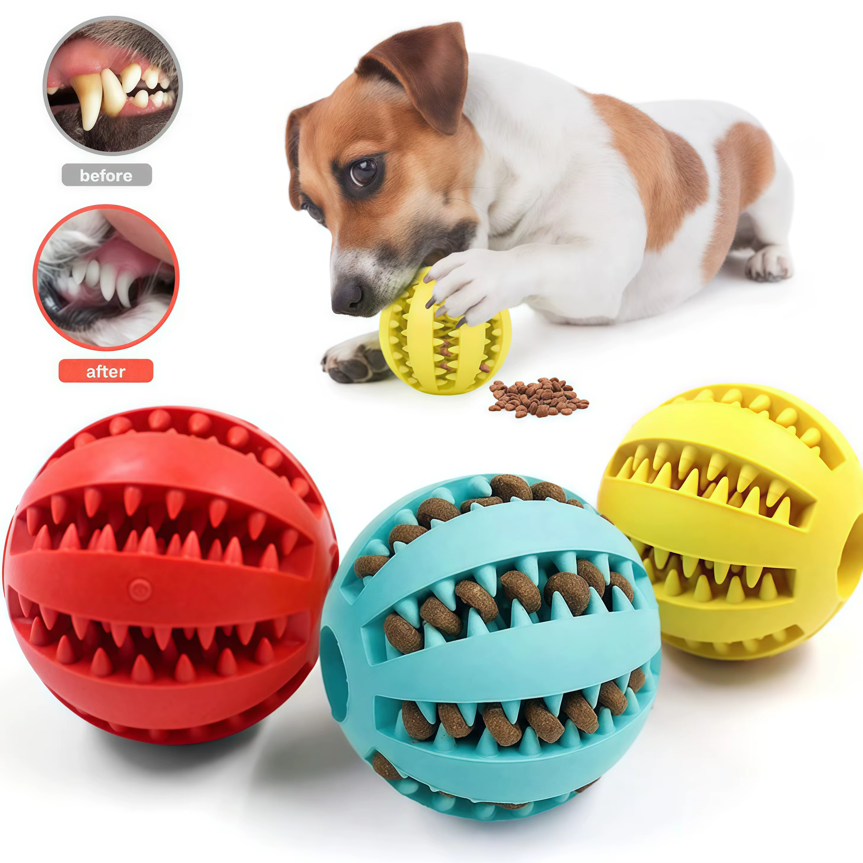 Boule de jouet pour chien, boules en caoutchouc interactives, jouets à mâcher pour chiot, boule de nettoyage des dents pour animaux de compagnie, mangeoire de friandises alimentaires pour chats et ani