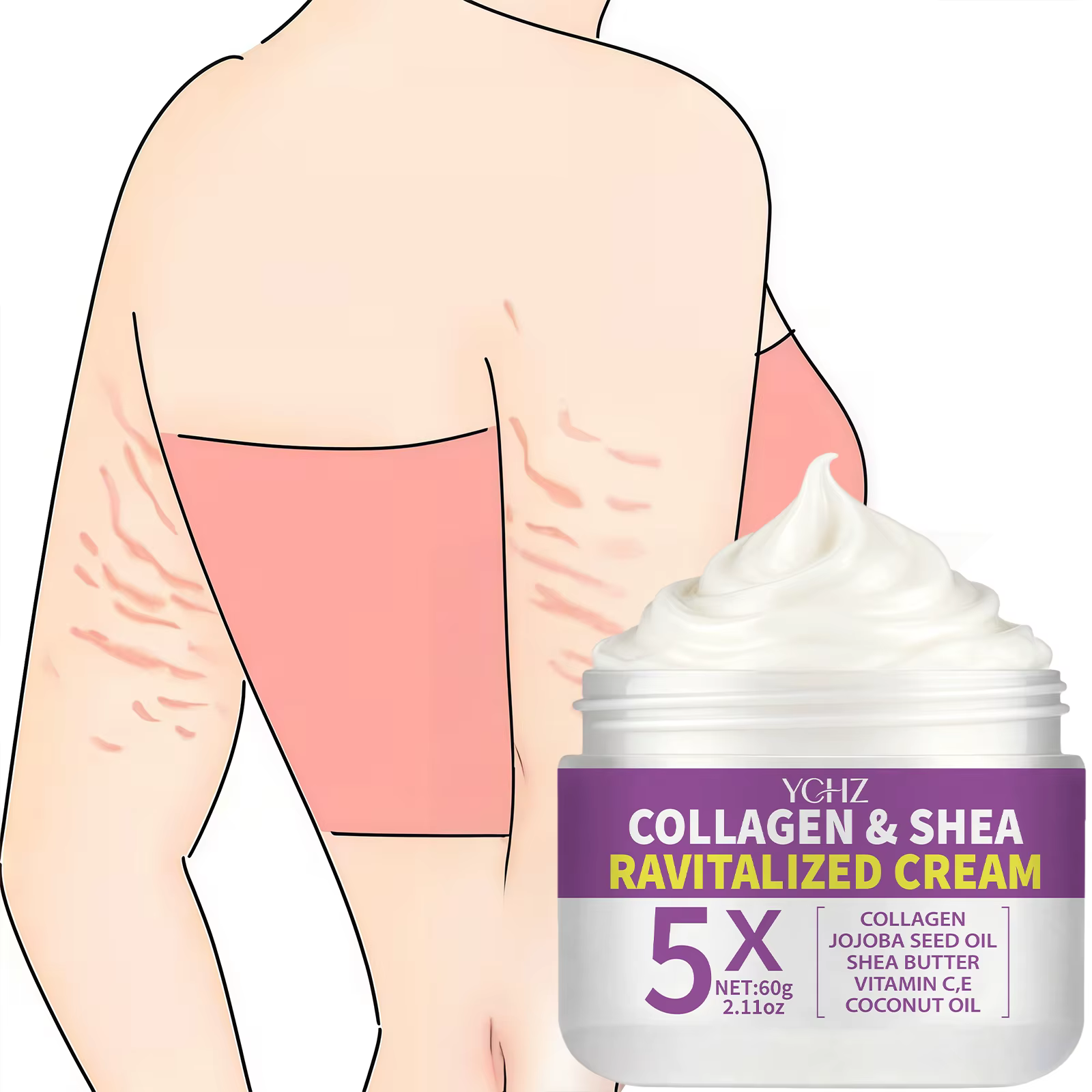 Crème raffermissante au collagène, riche en huile de jojoba, vitamines C et E, huile de noix de coco, idéale pour les cuisses, les fesses, les bras et l'abdomen