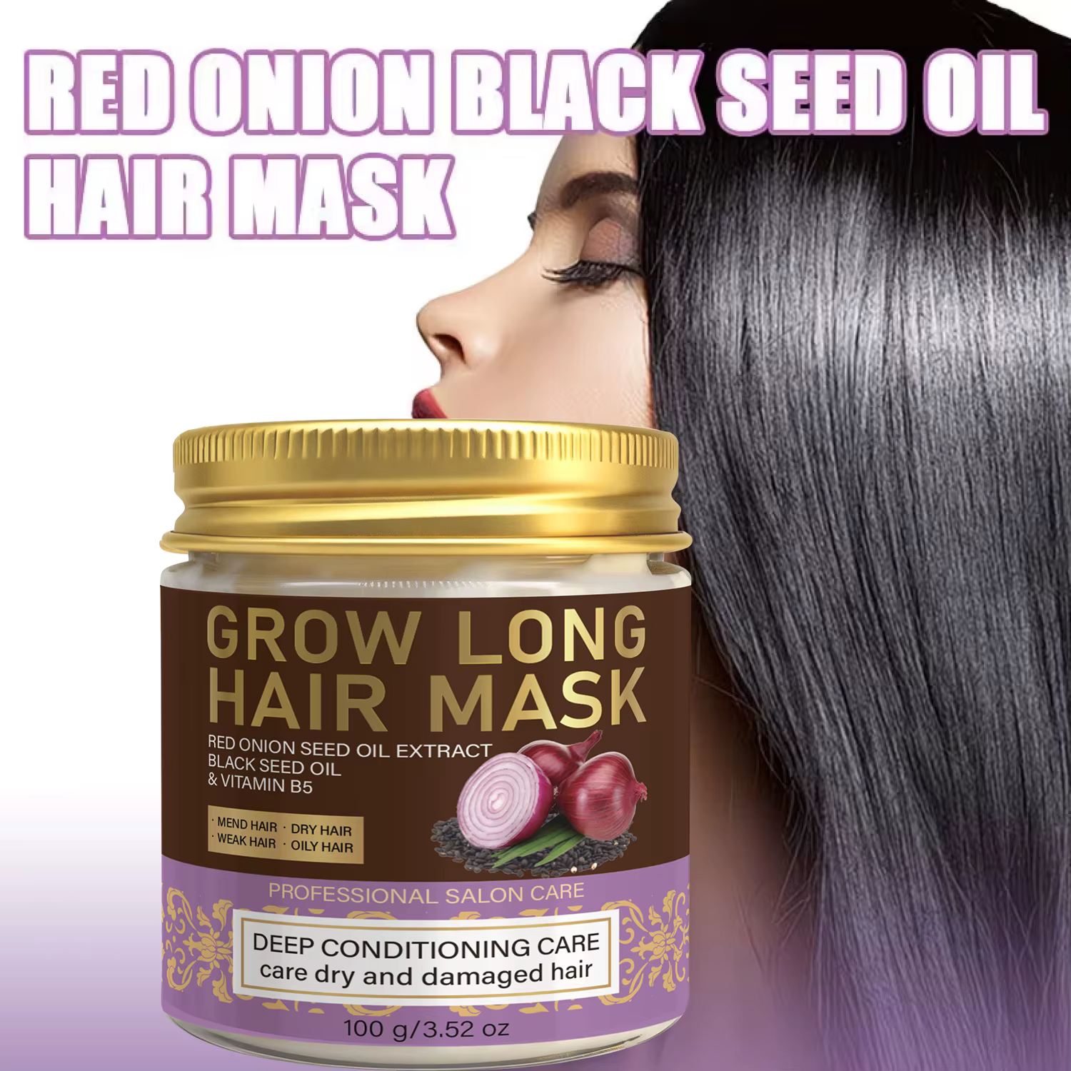 Masque capillaire à l'huile de graines noires d'oignon rouge. Soins professionnels en salon. Fait pousser des cheveux