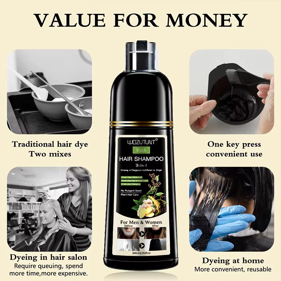 Shampoing 3 en 1 à base de plantes naturelles, 200ml, noir, marron foncé, couverture grise, nourrissant en profondeur, crème de coloration rapide pour femmes et hommes