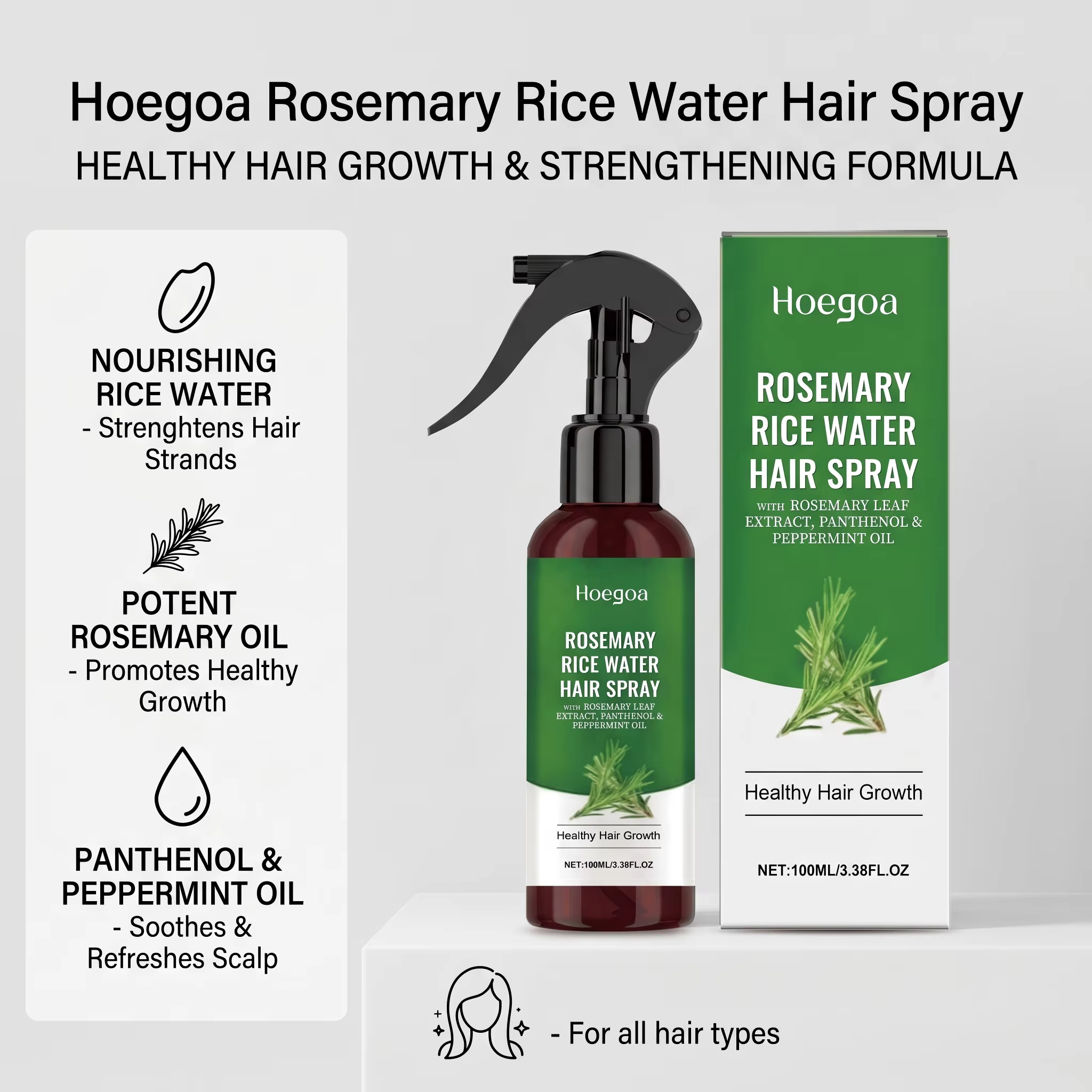 Spray capillaire à l'eau de riz et au romarin pour cheveux secs et crépus