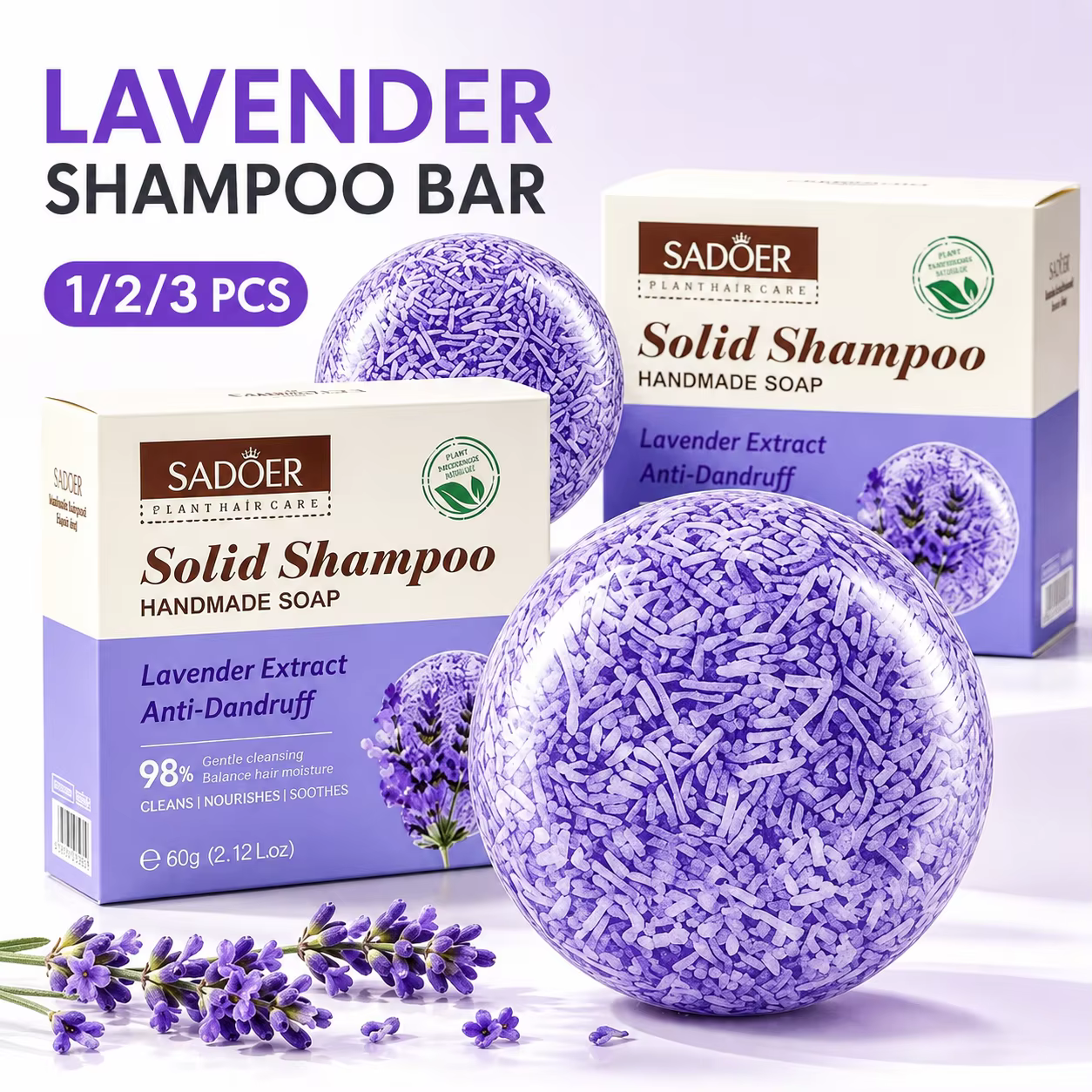 Shampooing Solide à la Lavande Anti-Pelliculaire et Contrôle du Sébum pour Cheveux Secs et Abîmés, Soin du Cuir Chevelu