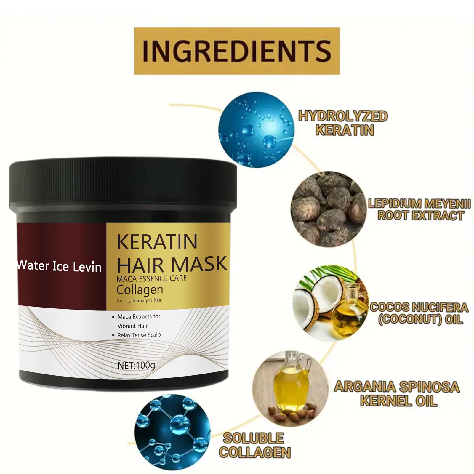 Masque capillaire à l'extrait de maca et à la kératine hydrolysée. Répare les cheveux secs. Collagène Huile d'Argan.