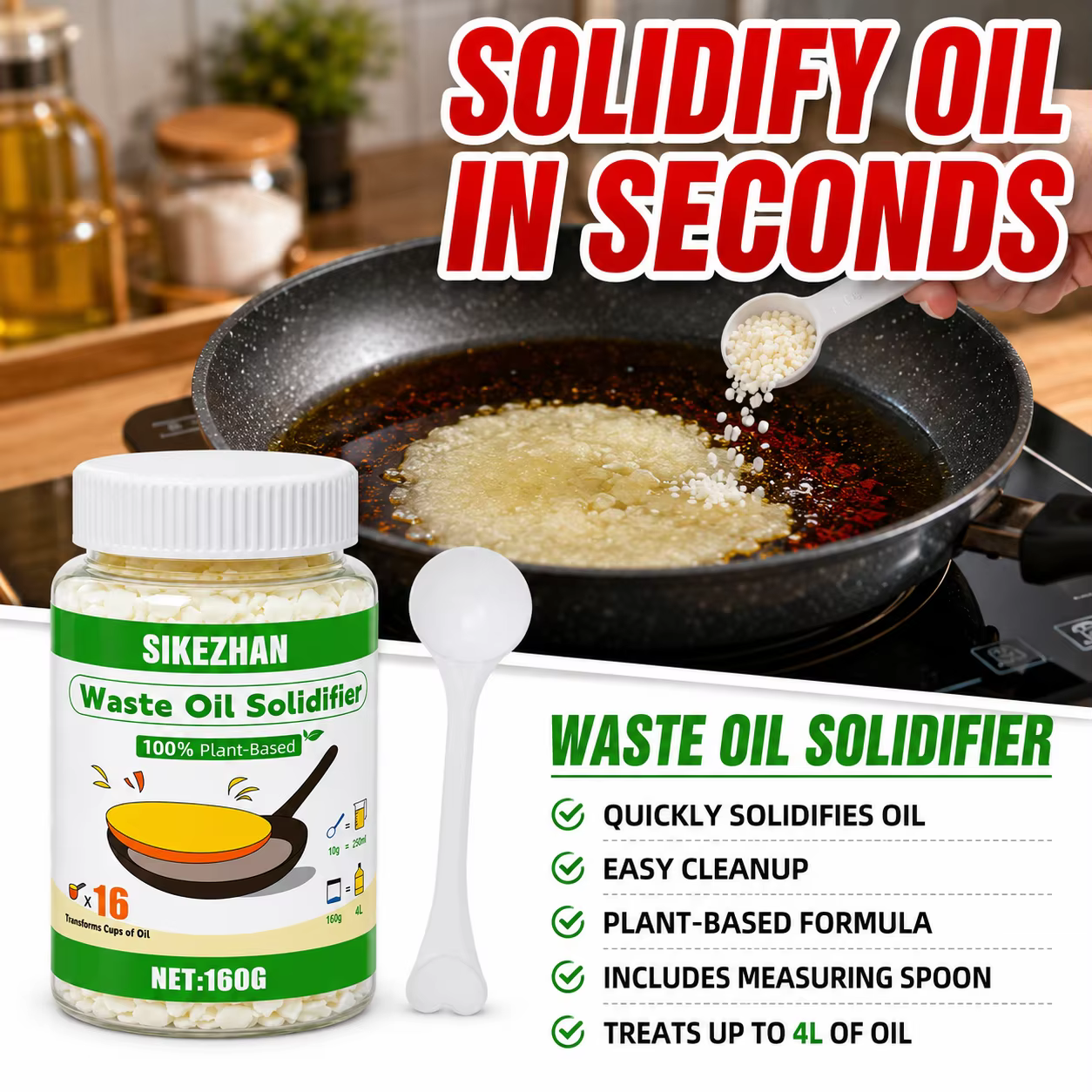 Solidifiant pour huiles usagées : solidifie rapidement l'huile de cuisson usagée et diverses graisses – Agent de nettoyage et de solidification pour les huiles usagées de cuisine