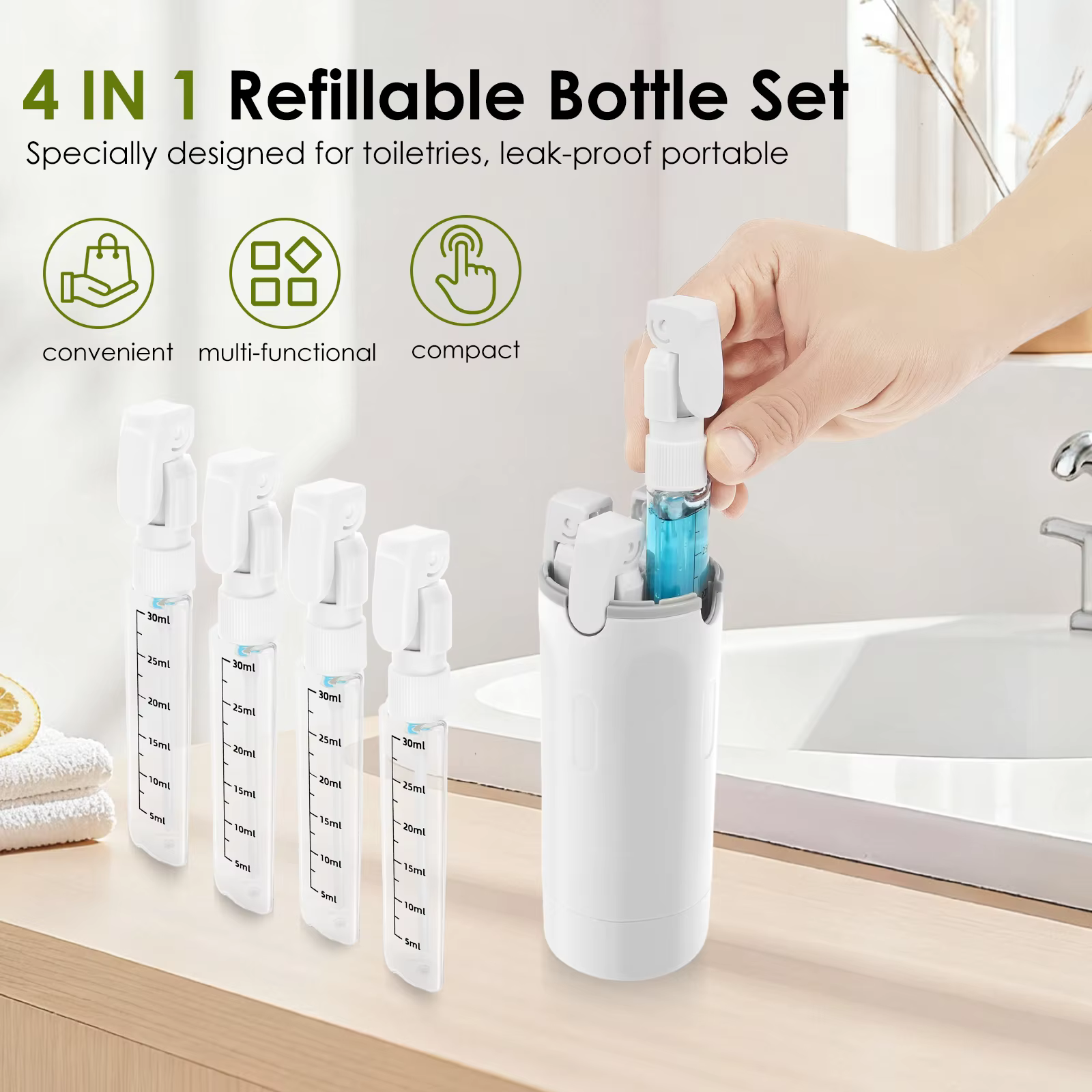 Bouteille distributrice d'émulsion 4 en 1, conteneur portable rechargeable et étanche avec étiquettes, bouteille distributrice de voyage pour shampoing