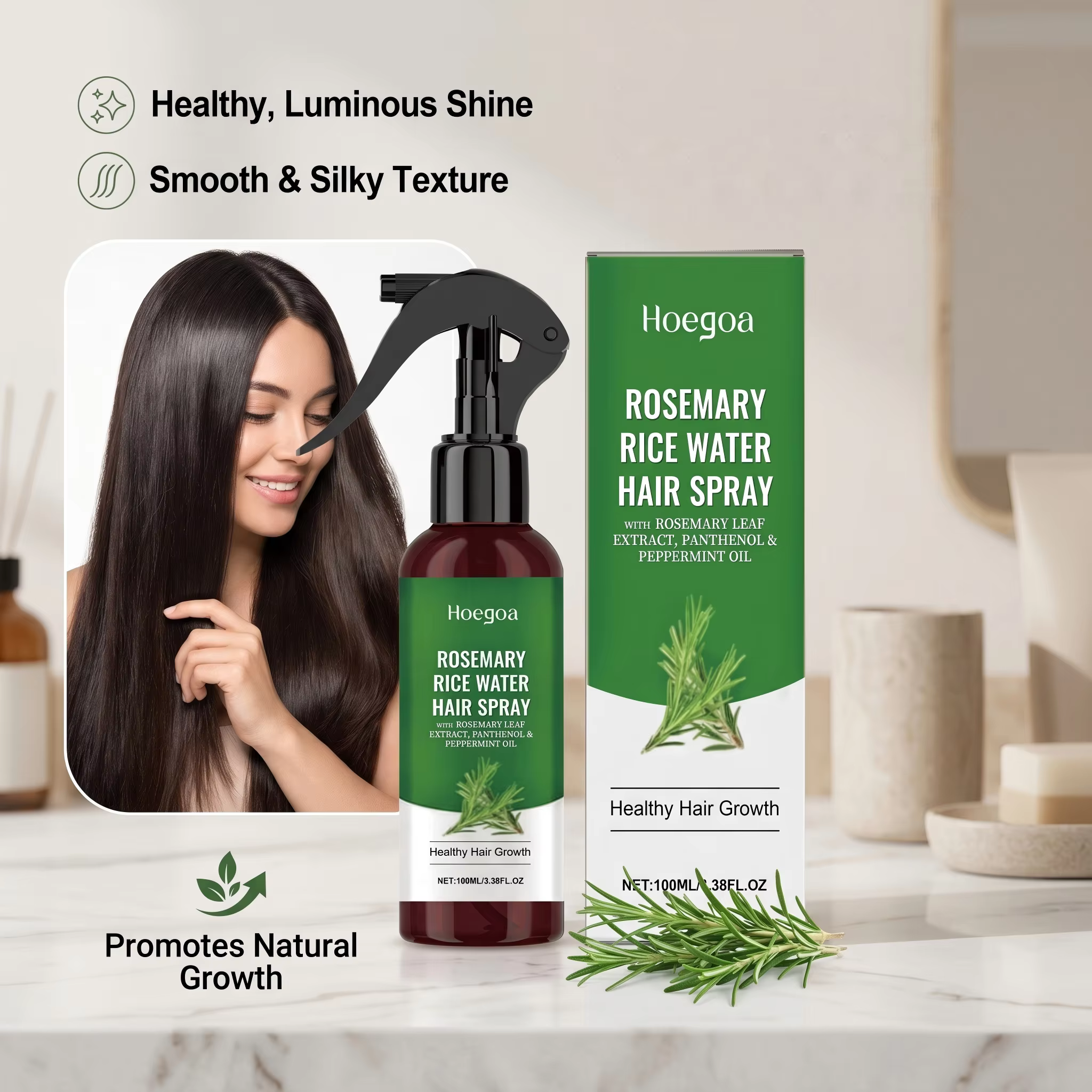 Spray capillaire à l'eau de riz et au romarin pour cheveux secs et crépus