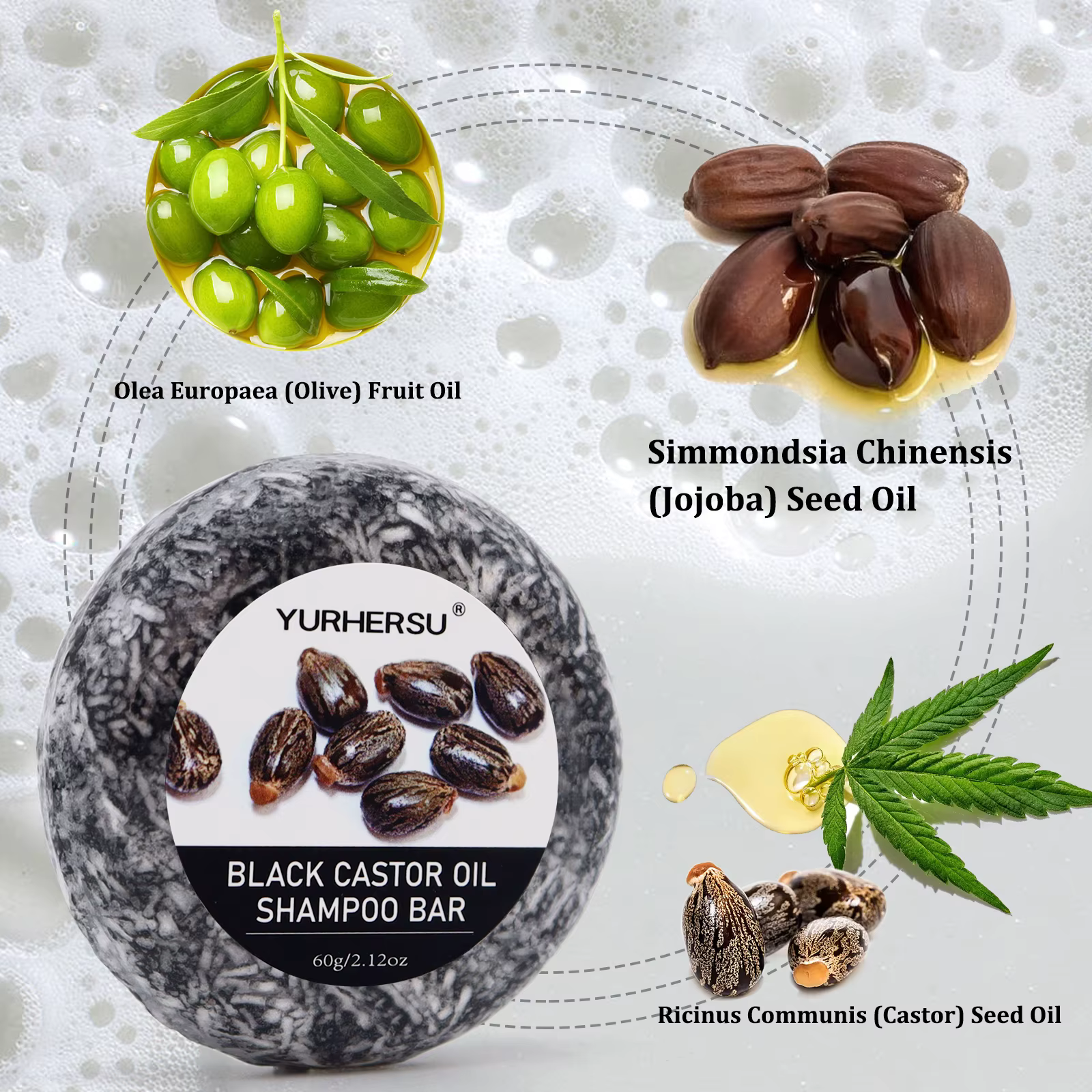 Barre de shampoing et après-shampooing 2 en 1 au ricin noir de 60 g