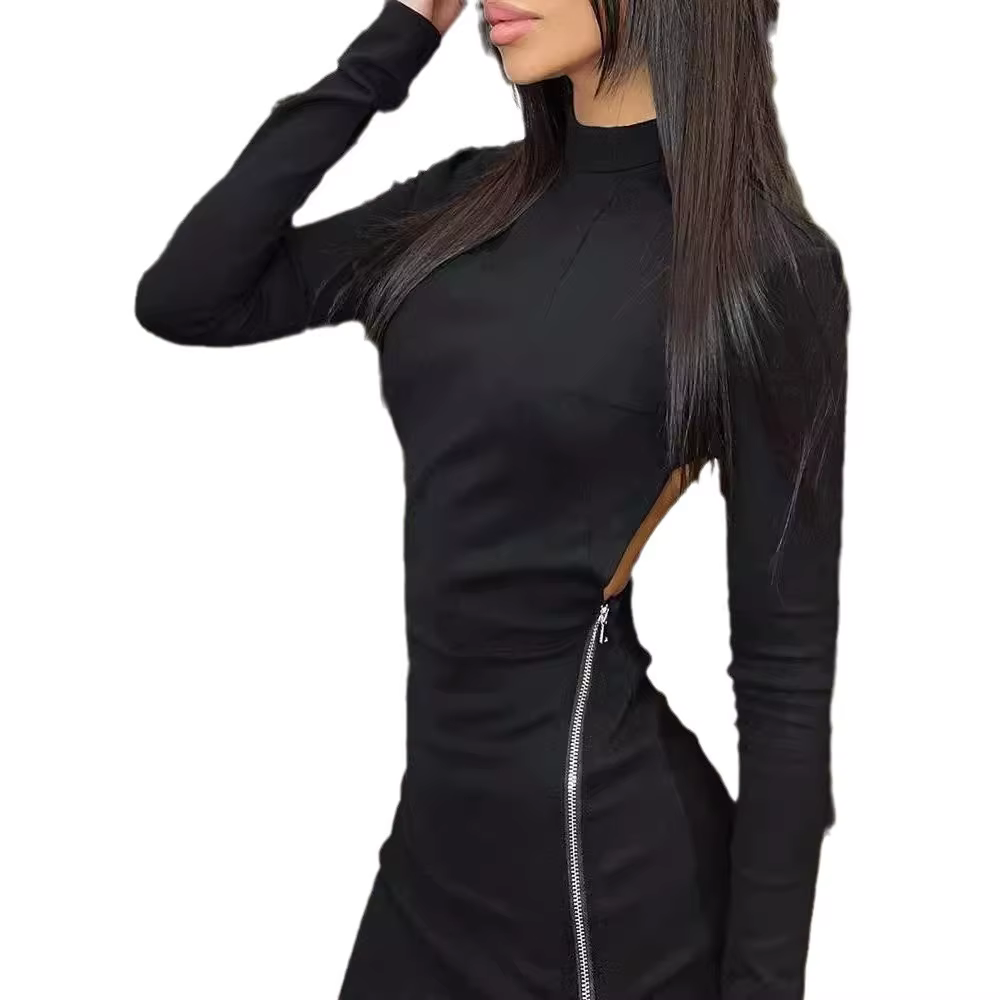 Robe fourreau femmes Sexy robes à manches longues mince côté fermeture éclair fendu dos nu haute rue 2025 printemps été robes courtes