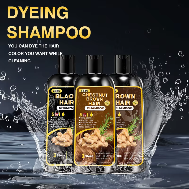 Nouveau shampoing colorant pour cheveux 5-en-1, contenant du gingembre et de la biotine. Rétention de couleur longue durée et couverture des cheveux gris. Longue durée