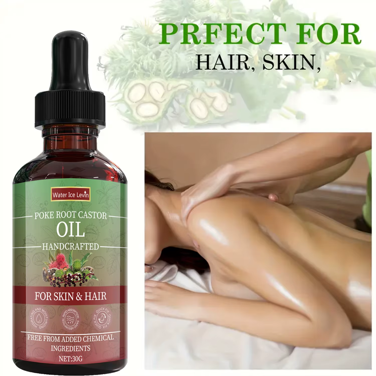 Huile de Ricin à la Racine de Poke pour Peau et Cheveux - Mixte Naturel Artisanal
