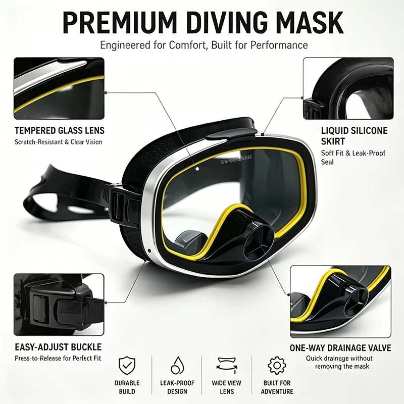 Masque de plongée pour adulte avec valve de vidange, anti-buée, vue large, silicone souple étanche pour la pêche sous-marine en eaux peu profondes
