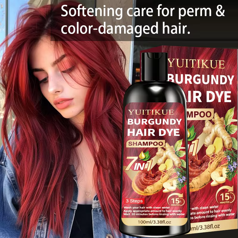 Shampoo colorant capillaire YUITIKUE Bourgogne 100ml 7 en 1 infusé aux plantes, couvre les cheveux gris, coloration capillaire simple à domicile, usage quotidien