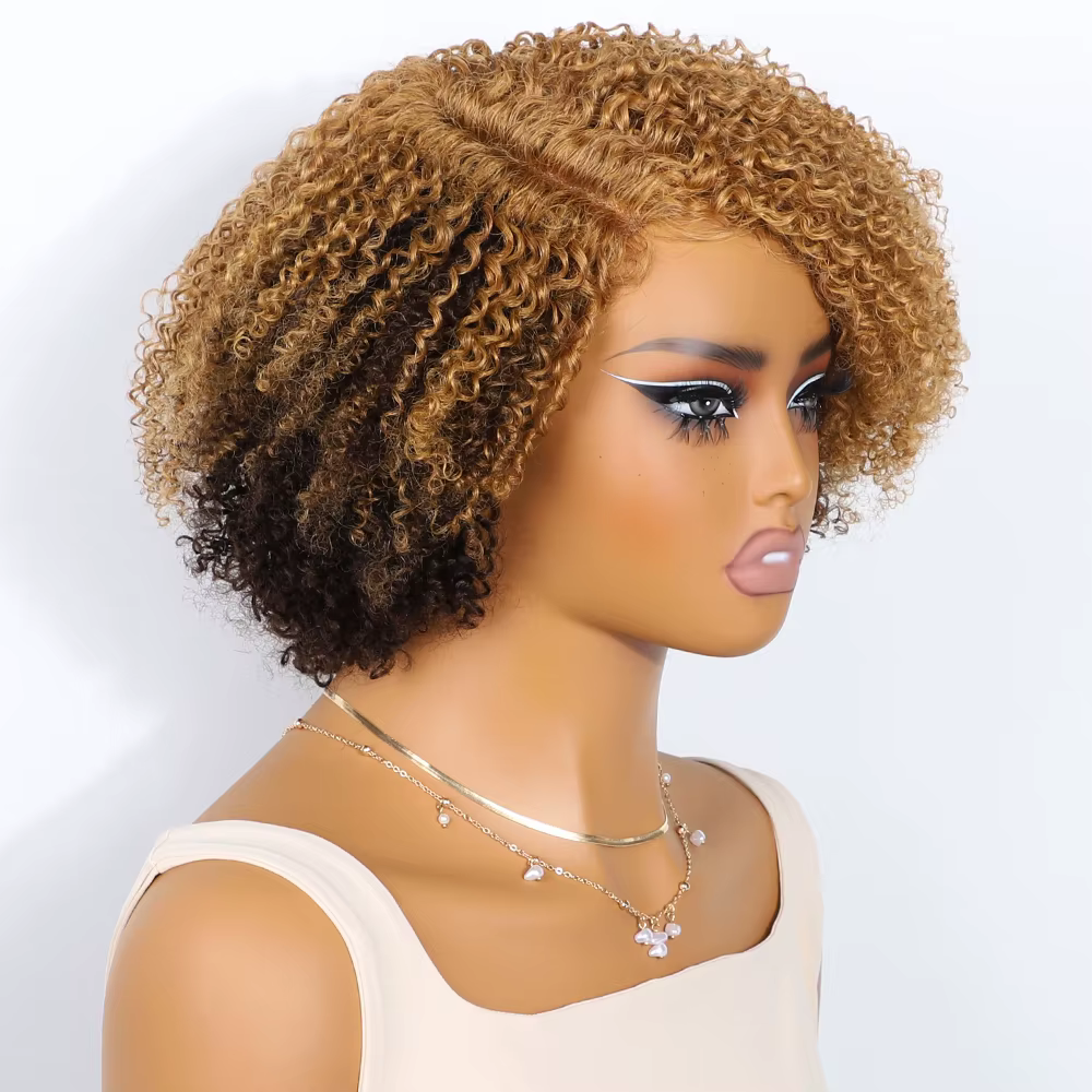 Perruques Lekker Blonde 100% Cheveux Humains Longs Afro Kinky Bouclés avec Raie Latérale en Dentelle Bob pour Femmes