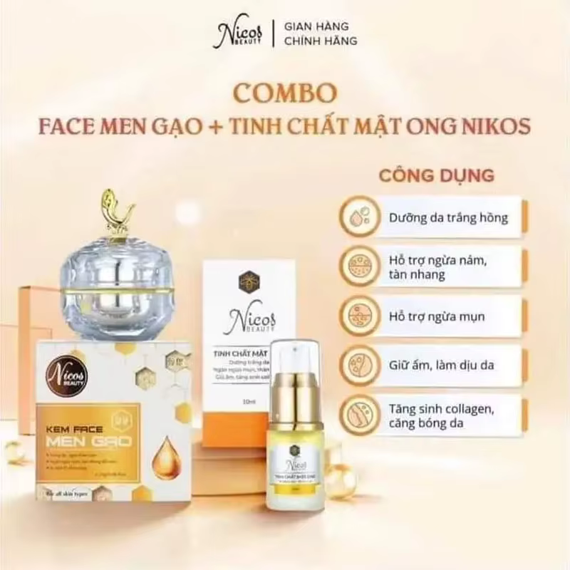 Combo Crème pour le visage au riz et sérum à l'essence de miel Nicos Thanh Nhi, pour une peau éclatante et unifiée