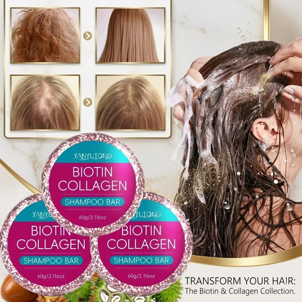 Le shampoing solide au collagène enrichi en biotine hydrate et nourrit