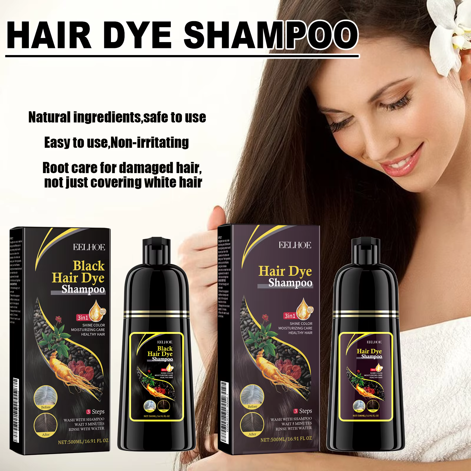 Shampoing de teinture capillaire à base de plantes naturelles 3 en 1