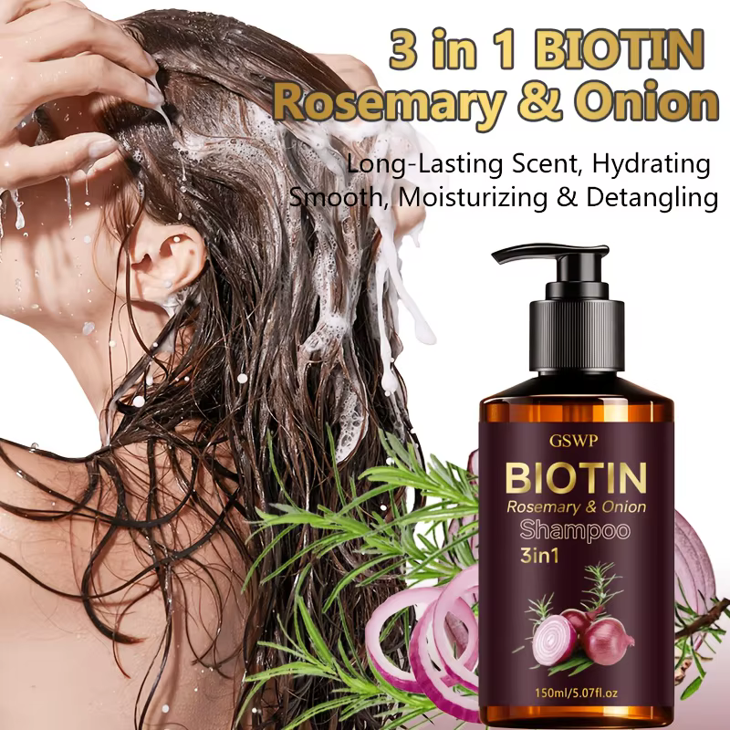 GSWP Shampooing 3-en-1 Biotine, Romarin et Oignon. Nettoie en profondeur le cuir chevelu, contrôle l'excès de sébum, hydrate, adoucit et nourrit. 150ml