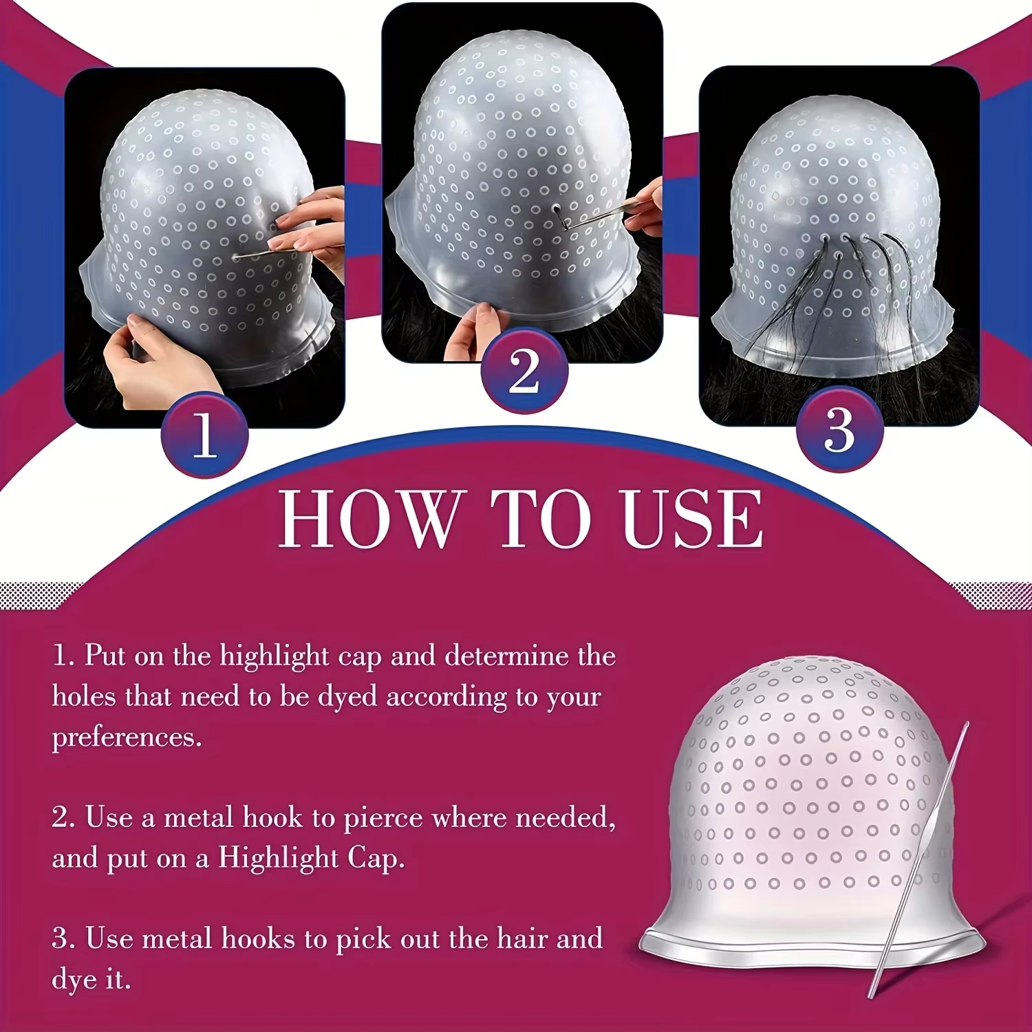 [Kit de coloration capillaire] Casque de coloration et de mèches avec crochet, gants de coloration capillaire, kit de coiffure réutilisable