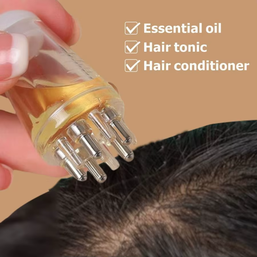 Flacon applicateur d'huile capillaire – Peigne de massage du cuir chevelu pour huiles essentielles et sérums, favorise la croissance des cheveux, outil relaxant pour le soin de la tête, 6 ml