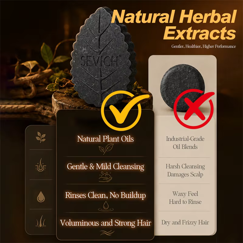 Shampoing Solide Noir 120g aux Herbes pour Restaurer la Texture des Cheveux Abîmés, Savon Capillaire Anti-Casse, Renforce les Racines des Cheveux, Barre Capillaire