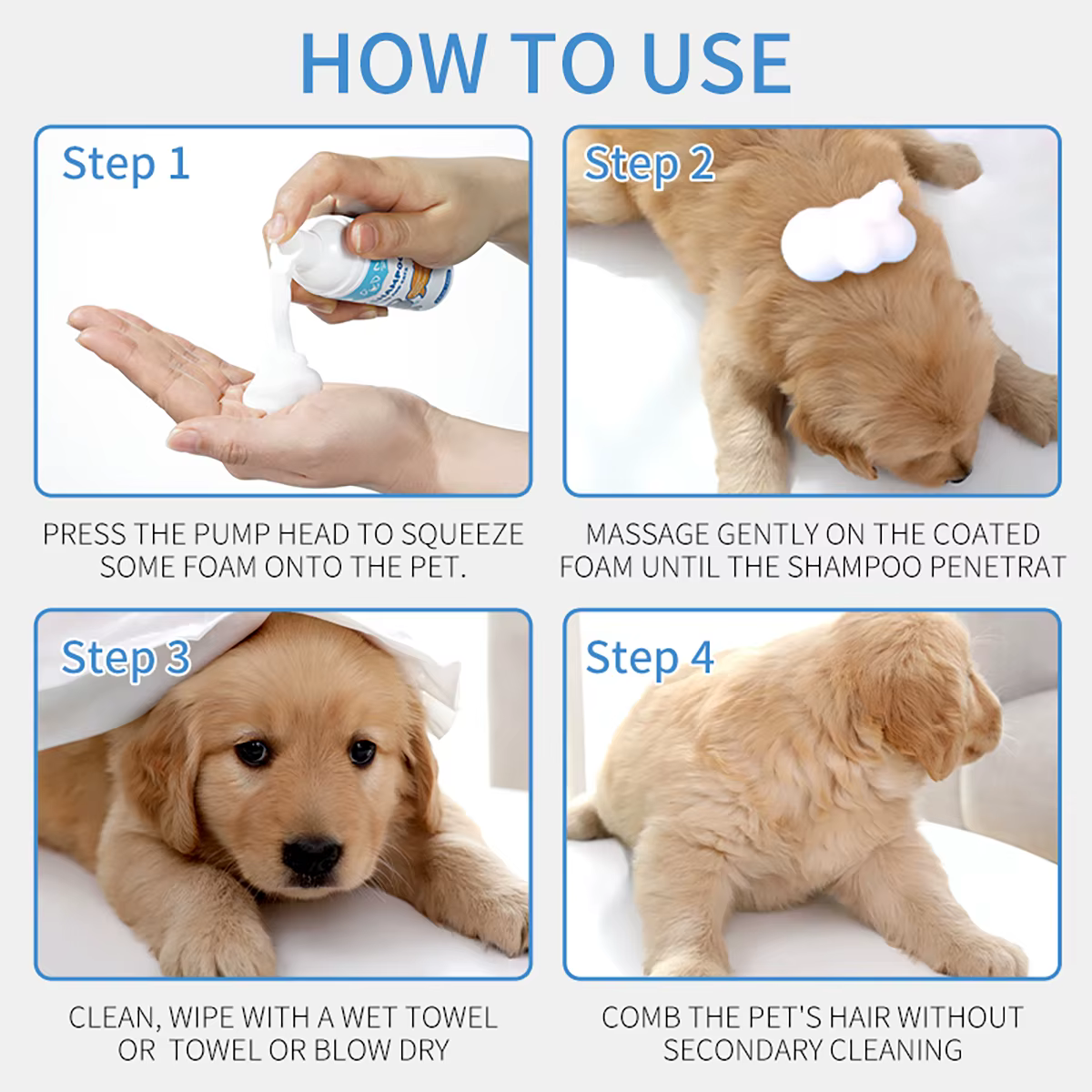Mousse de shampoing sec pour animaux de compagnie, sans rinçage, mousse sans eau, désodorisante, nettoyage doux, toilettage quotidien pour chiens, chats, chiots à la maison