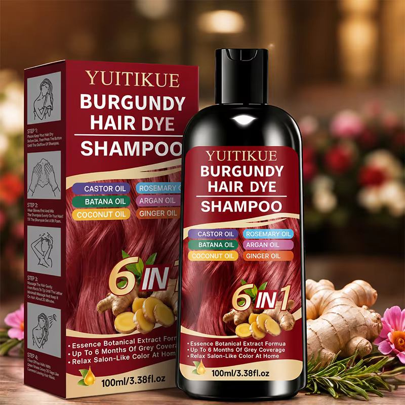 Shampoo colorant capillaire 6 en 1 couleur Bourgogne, formule à base de plantes, couvre les cheveux gris, coloration douce à faire soi-même à la maison.