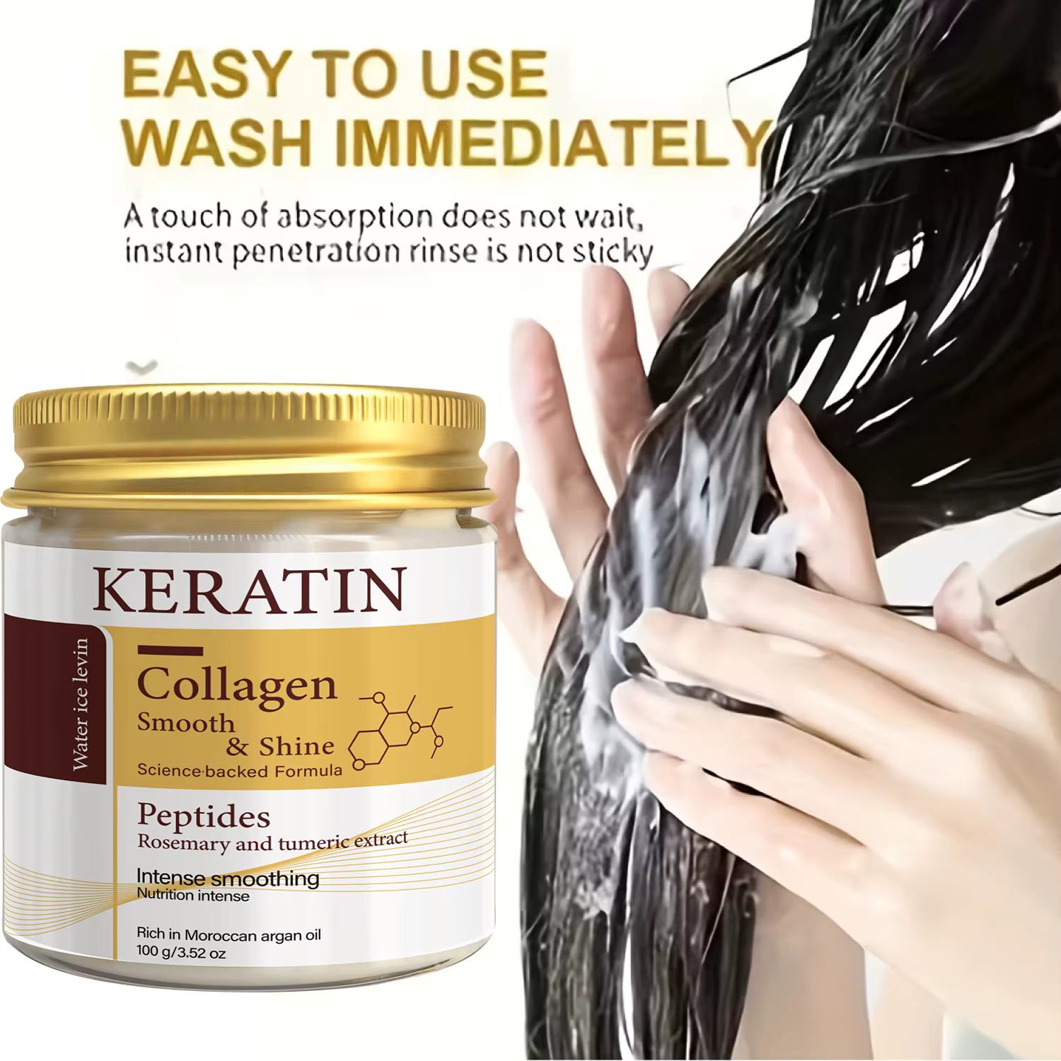 Masque capillaire à la kératine et au collagène avec peptides et romarin - Lissage intense et brillance pour tous types de cheveux - Traitement revitalisant en profondeur