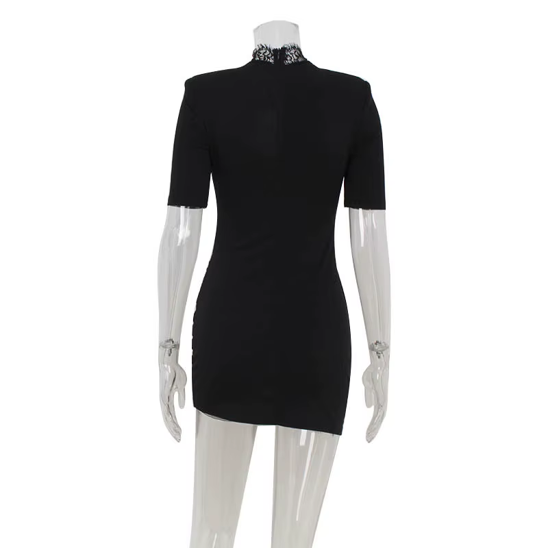 Robes à col haut pour femmes, mini robe éducative, tenues à demi-manches, gaine de tambour évidée, patchwork de dentelle, club sexy, mode féminine