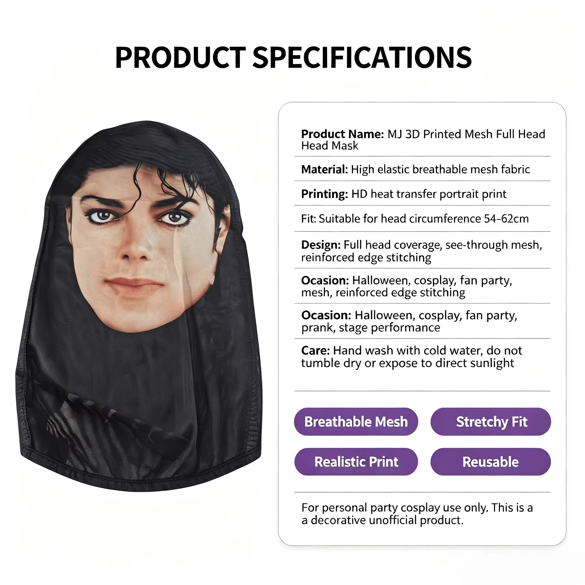 Cache-cou imprimé en 3D Michael Jackson, masque facial multifonctionnel d'extérieur, bandana, foulard extensible 40*24cm pour hommes