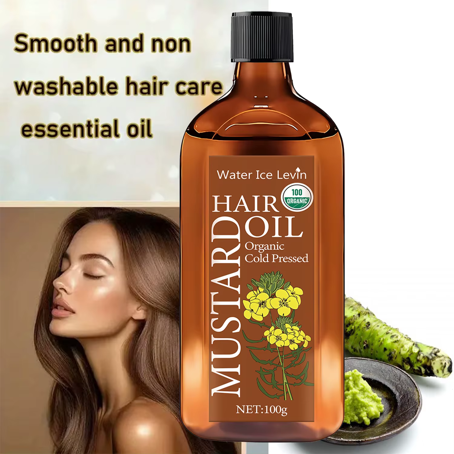 Huile de Moutarde Bio Pressée à Froid pour Cheveux - Acide Hyaluronique et Vitamines