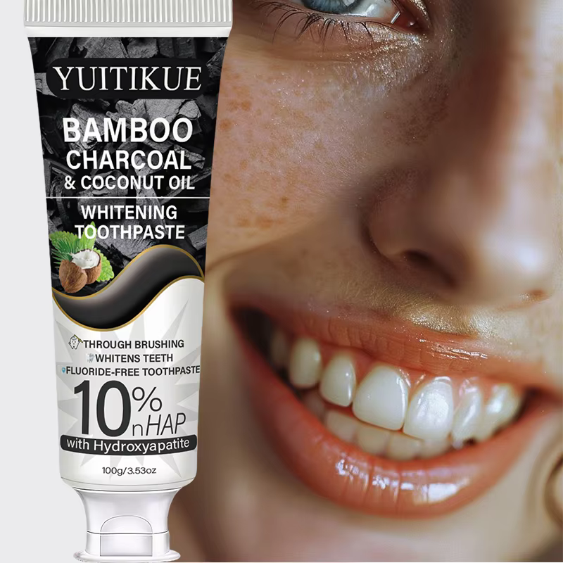 YUITIKUE Dentifrice blanchissant au charbon de bambou et à l'huile de coco 100g 10% nHAP Sans fluorure Nettoyage en profondeur des taches Dents éclatantes