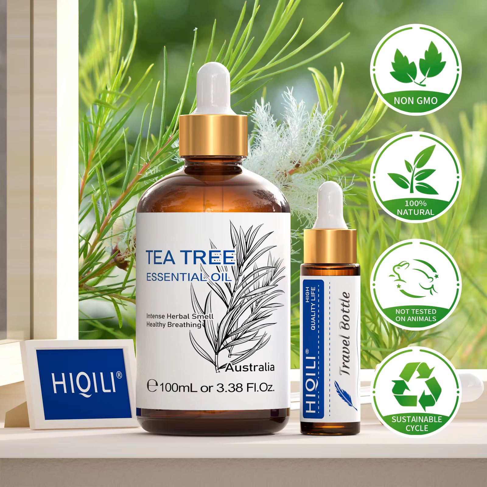 HIQILI Huile Essentielle d'Arbre à Thé, Différents Volumes (10/30/100/500mL), 100% Naturelle, Parfum d'Ambiance, Humidificateur, Bougie