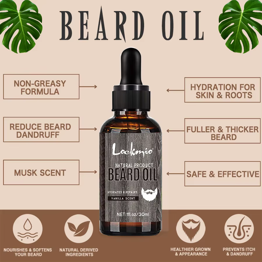 LOCKMIO huile de barbe naturelle pour hommes parfum vanille hydrate répare la croissance des racines