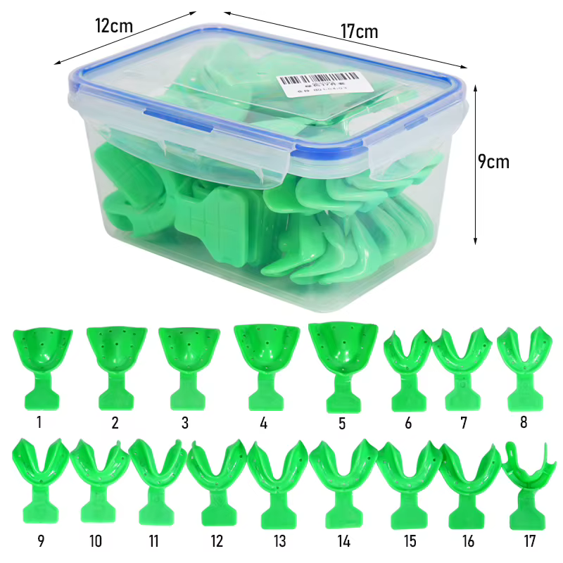 Ensemble de 17 plateaux dentaires en plastique, plateau d'empreinte buccale complet vert pour nettoyage dentaire, plateau jetable résistant aux hautes températures